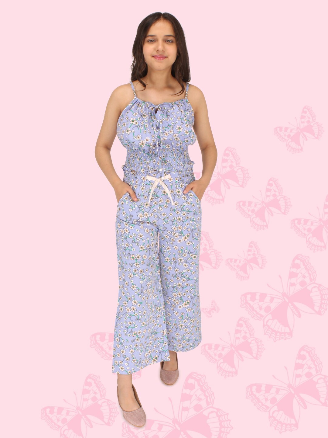 

CUTECUMBER Girls Floral Printed Shoulder Straps Top With Culottes, Blue