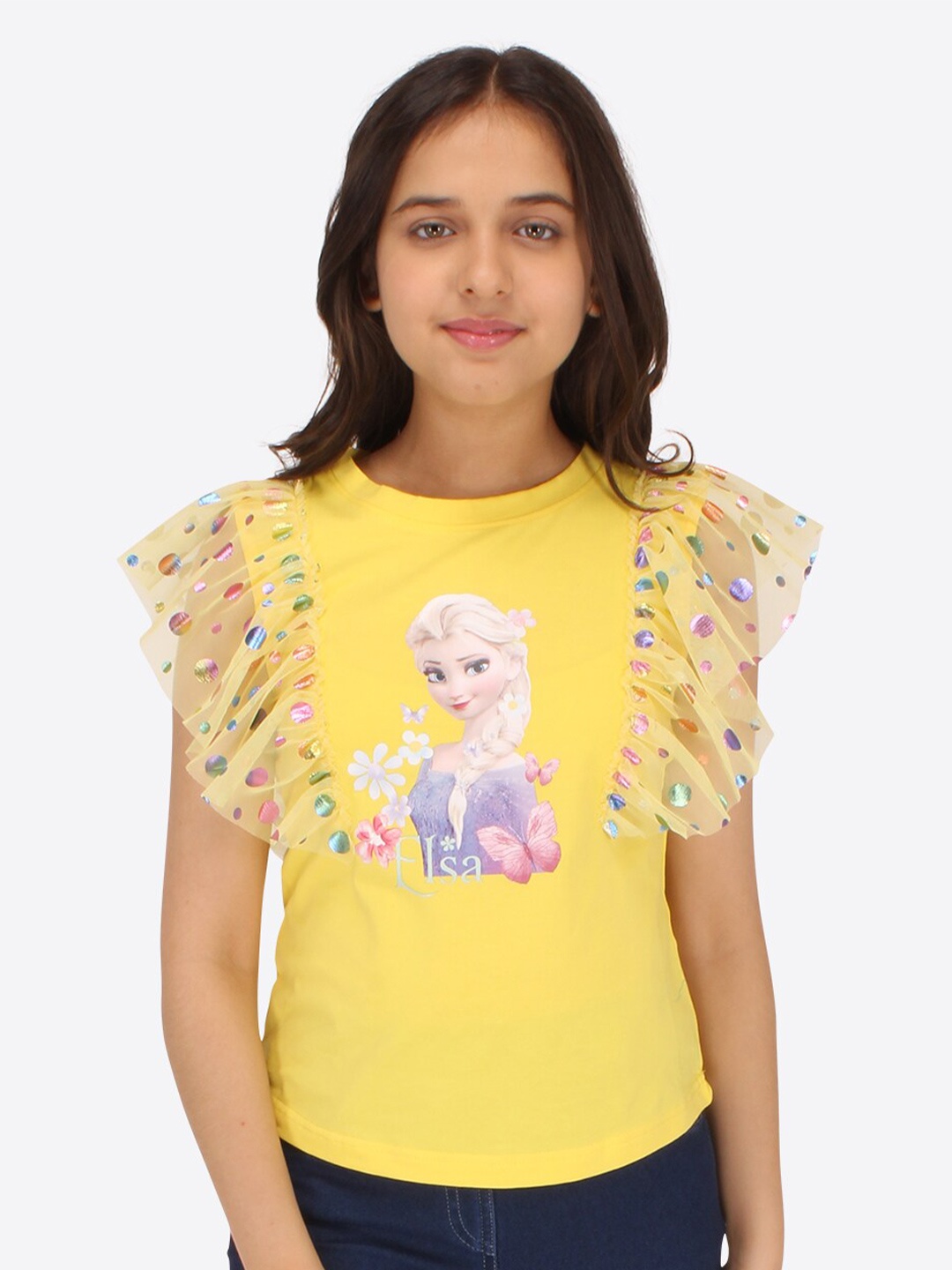 

CUTECUMBER Barbie Graphic Printed Flutter Sleeves Georgette Top, Yellow