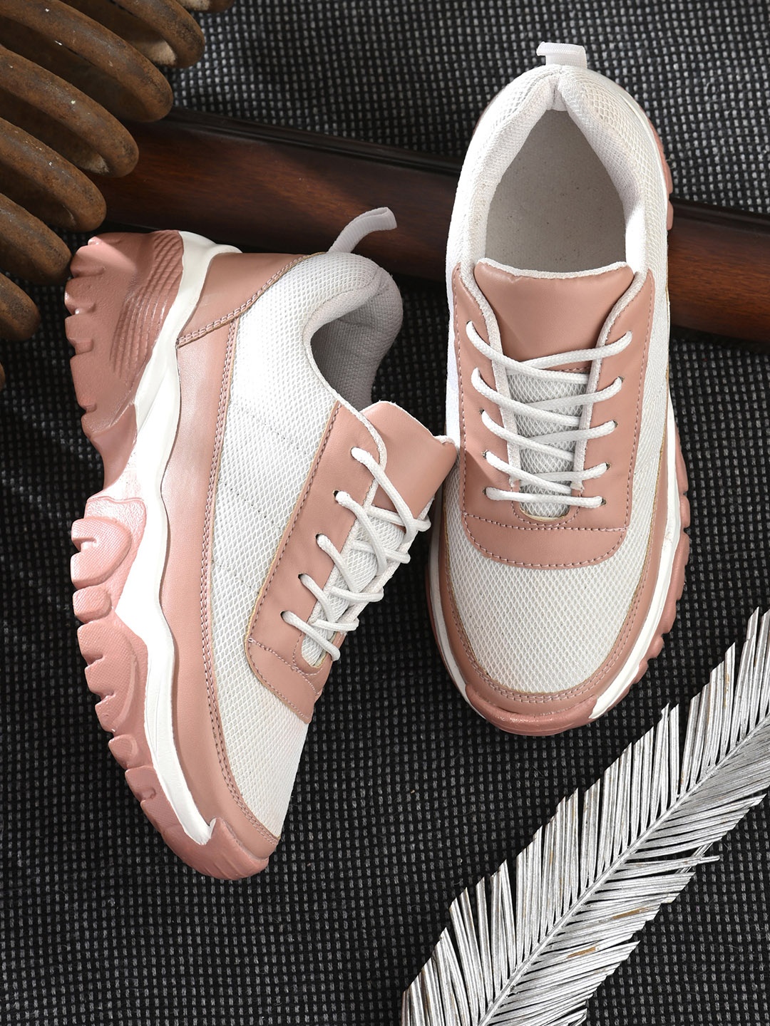 

DEAS Women Colourblocked Comfort Insole Leather Contrast Sole Sneakers, Peach