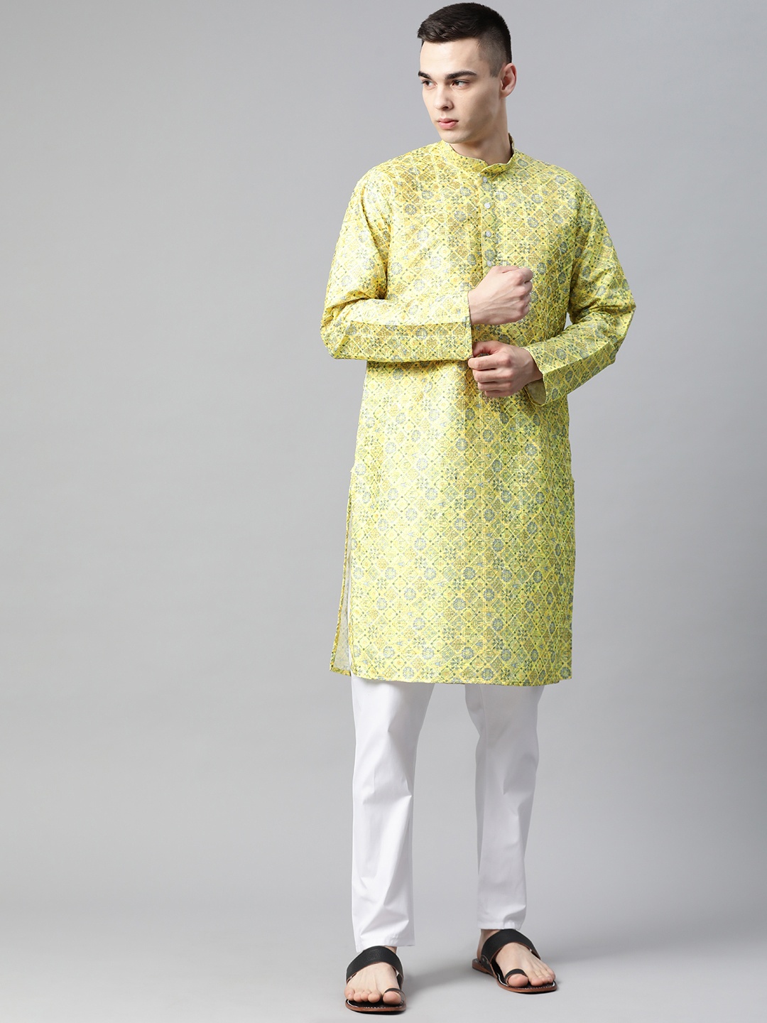 

MANQ Embroidered Regular Kurta with Pyjamas, Yellow