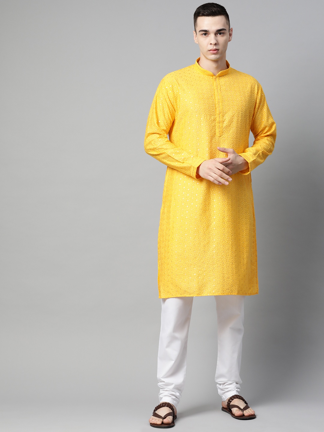 

MANQ Men Embroidered Sequinned Pure Cotton Kurta With Pyjamas, Yellow
