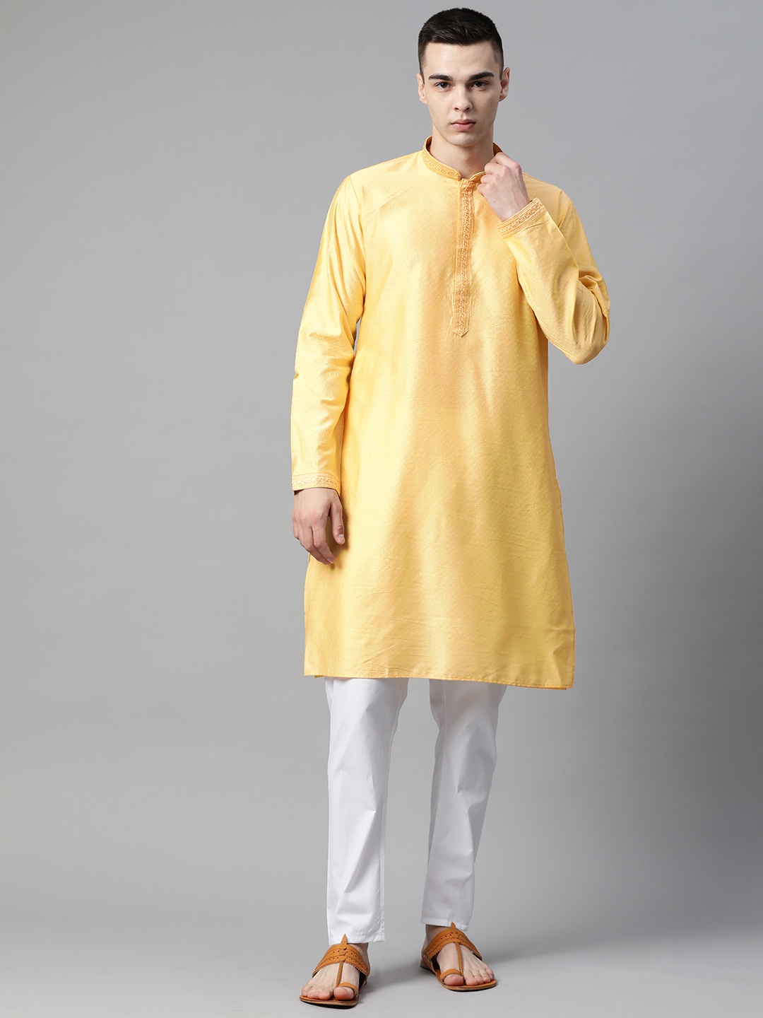 

MANQ Men Embroidered Thread Work Kurta With Pyjamas, Beige