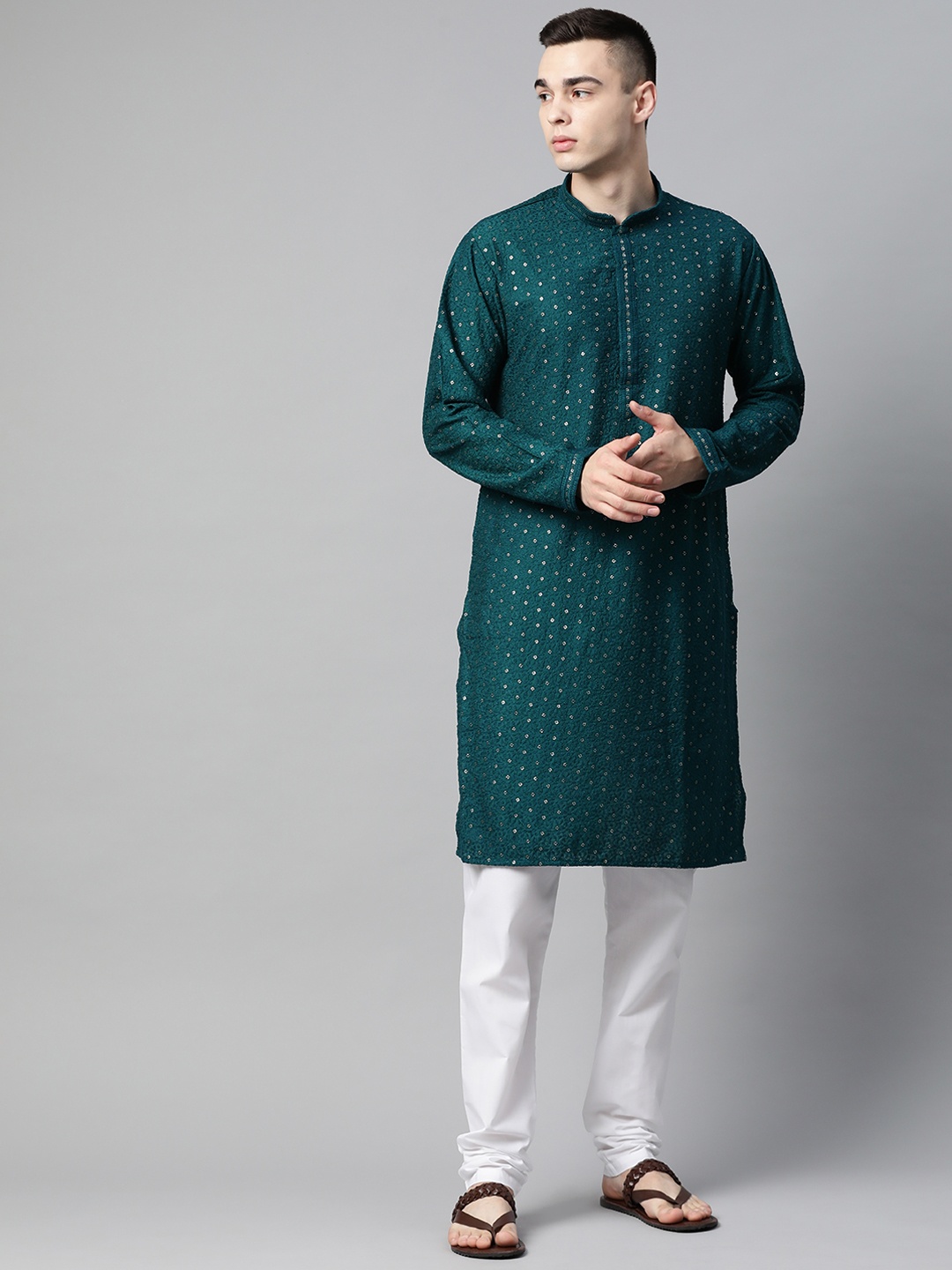 

MANQ Men Embroidered Sequinned Pure Cotton Kurta With Pyjamas, Teal