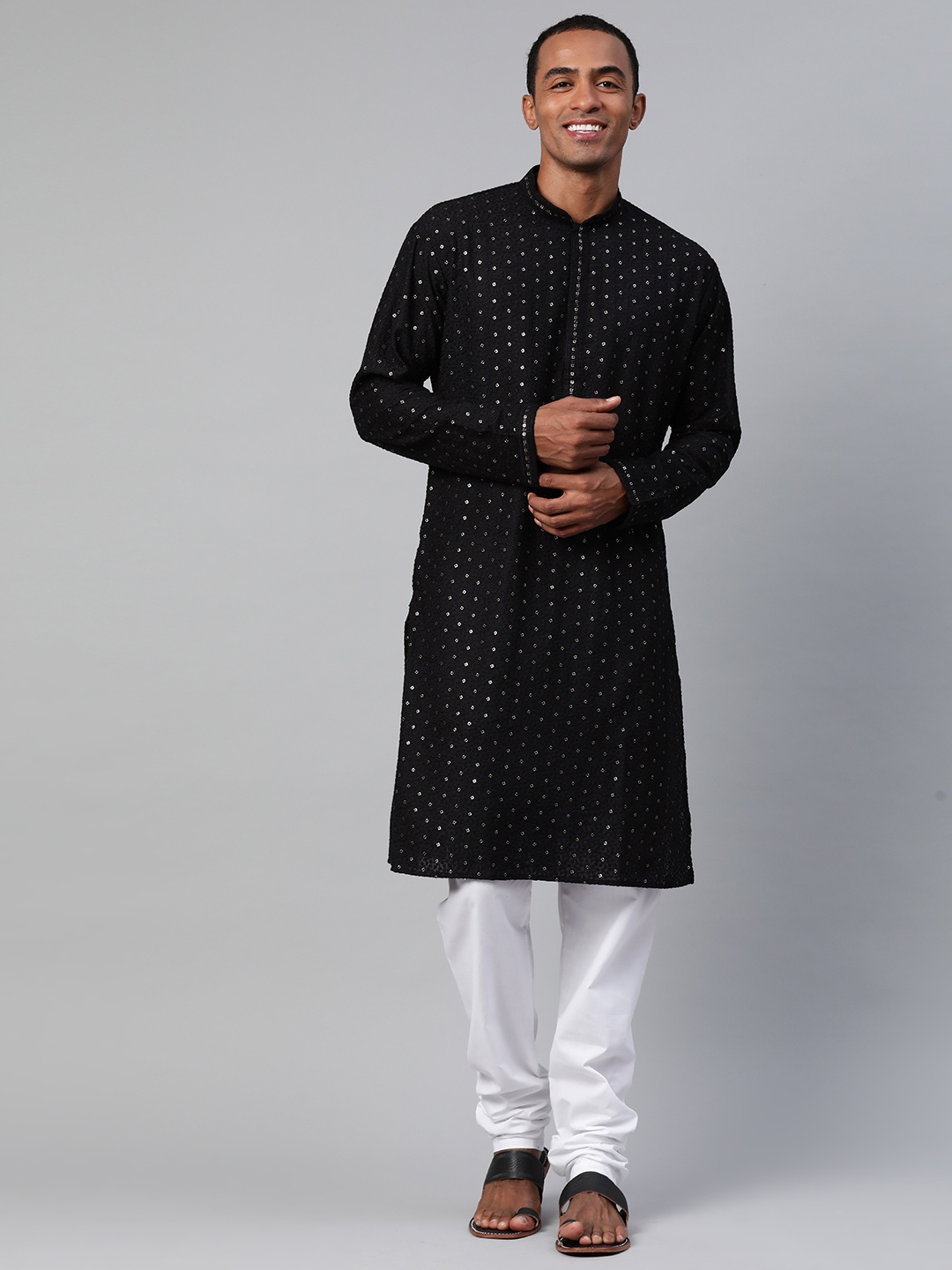 

MANQ Men Embroidered Sequinned Pure Cotton Kurta With Pyjamas, Black