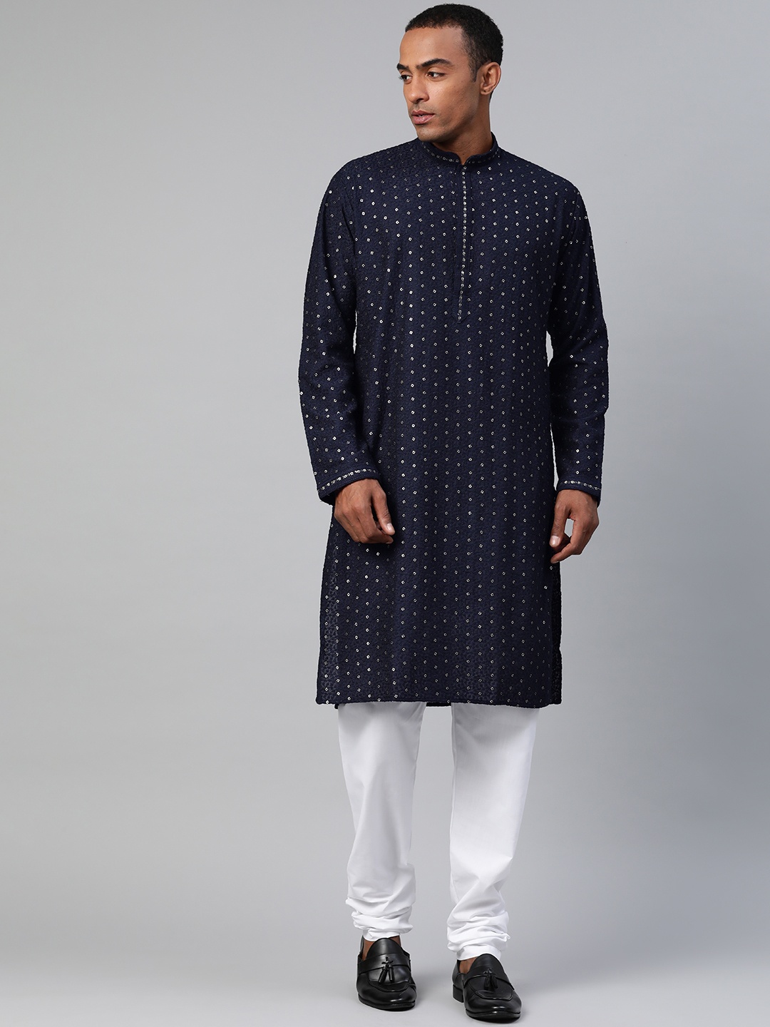 

MANQ Men Embroidered Sequinned Pure Cotton Kurta With Pyjamas, Navy blue