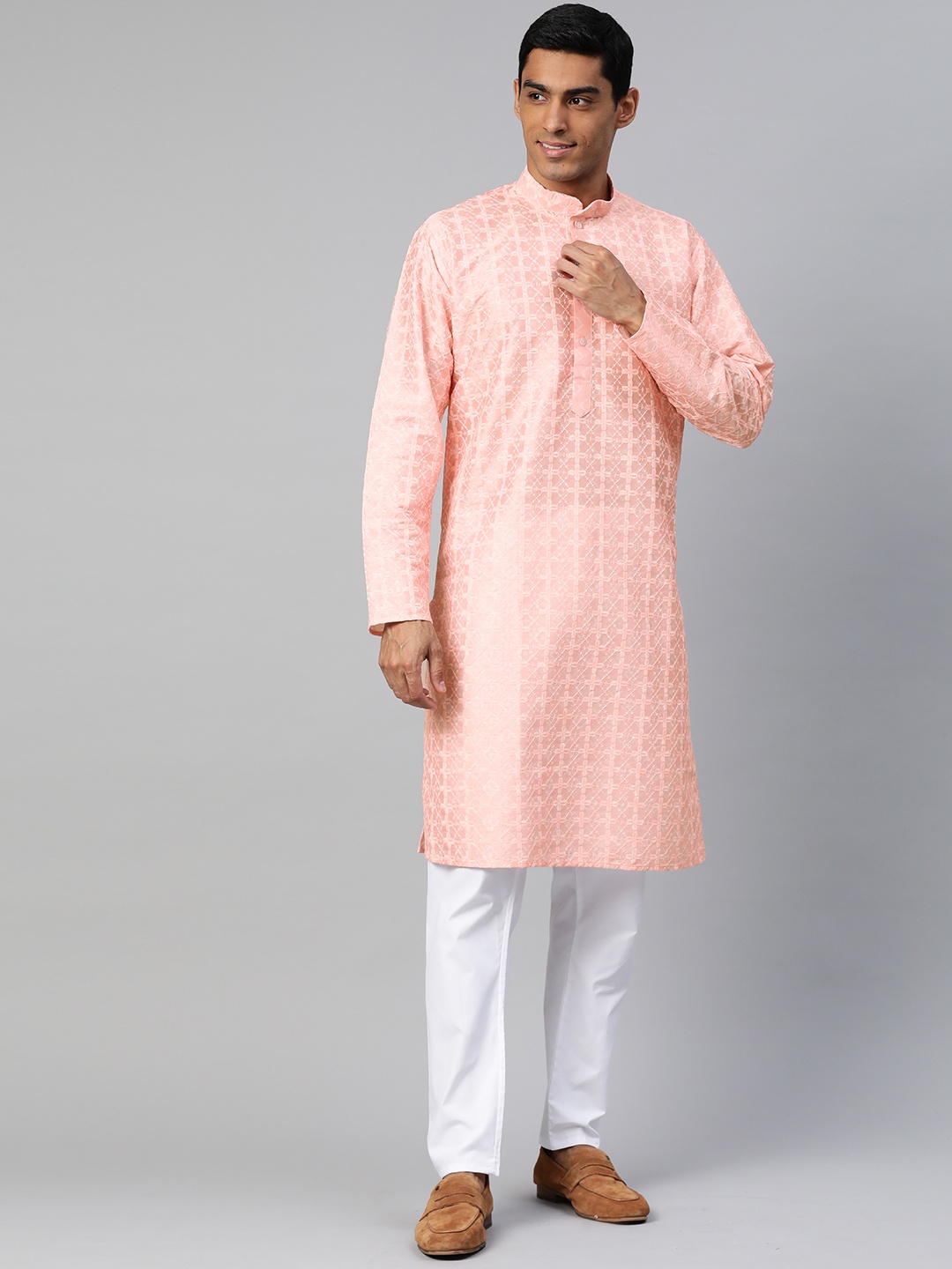 

MANQ Men Ethnic Motifs Embroidered Regular Kurta with Pyjamas, Peach