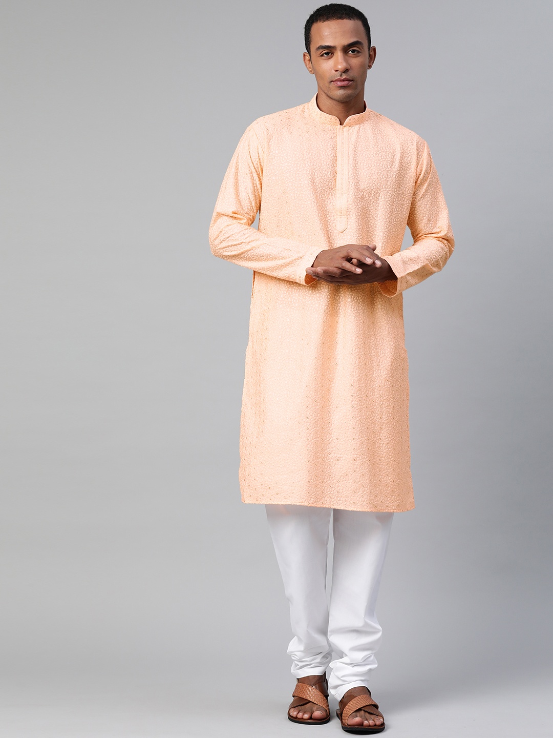 

MANQ Men Ethnic Motifs Embroidered Regular Pure Cotton Kurta with Churidar, Peach