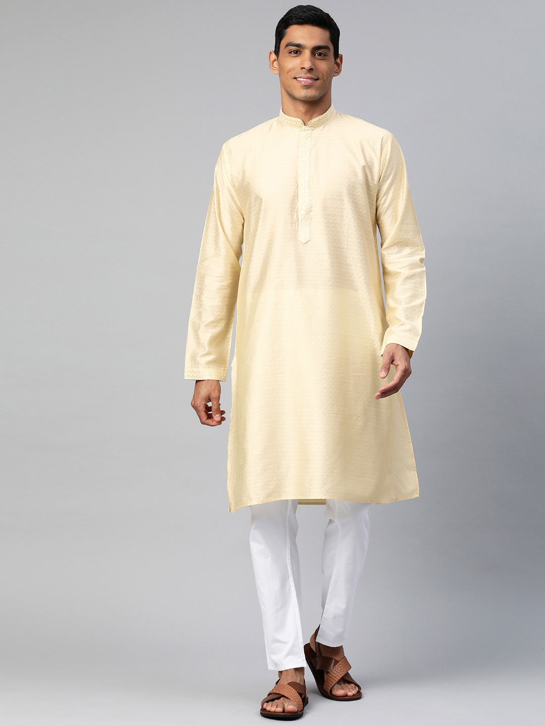 

MANQ Men Embroidered Regular Kurta with Pyjamas, Cream