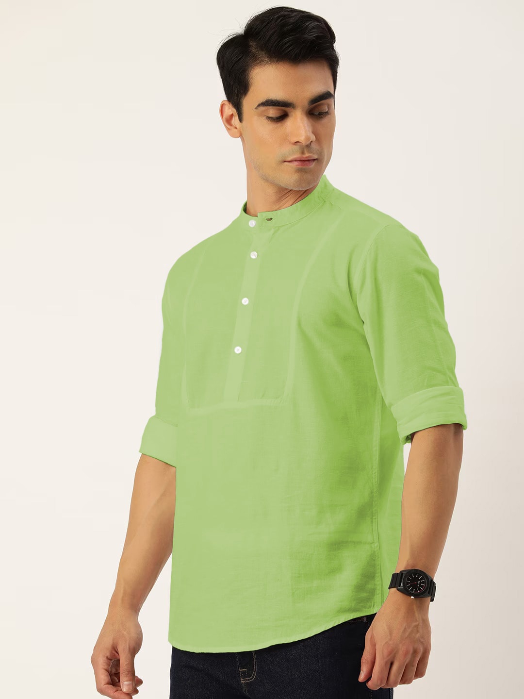 

IVOC Green Band Collar Cotton Linen Straight Kurta