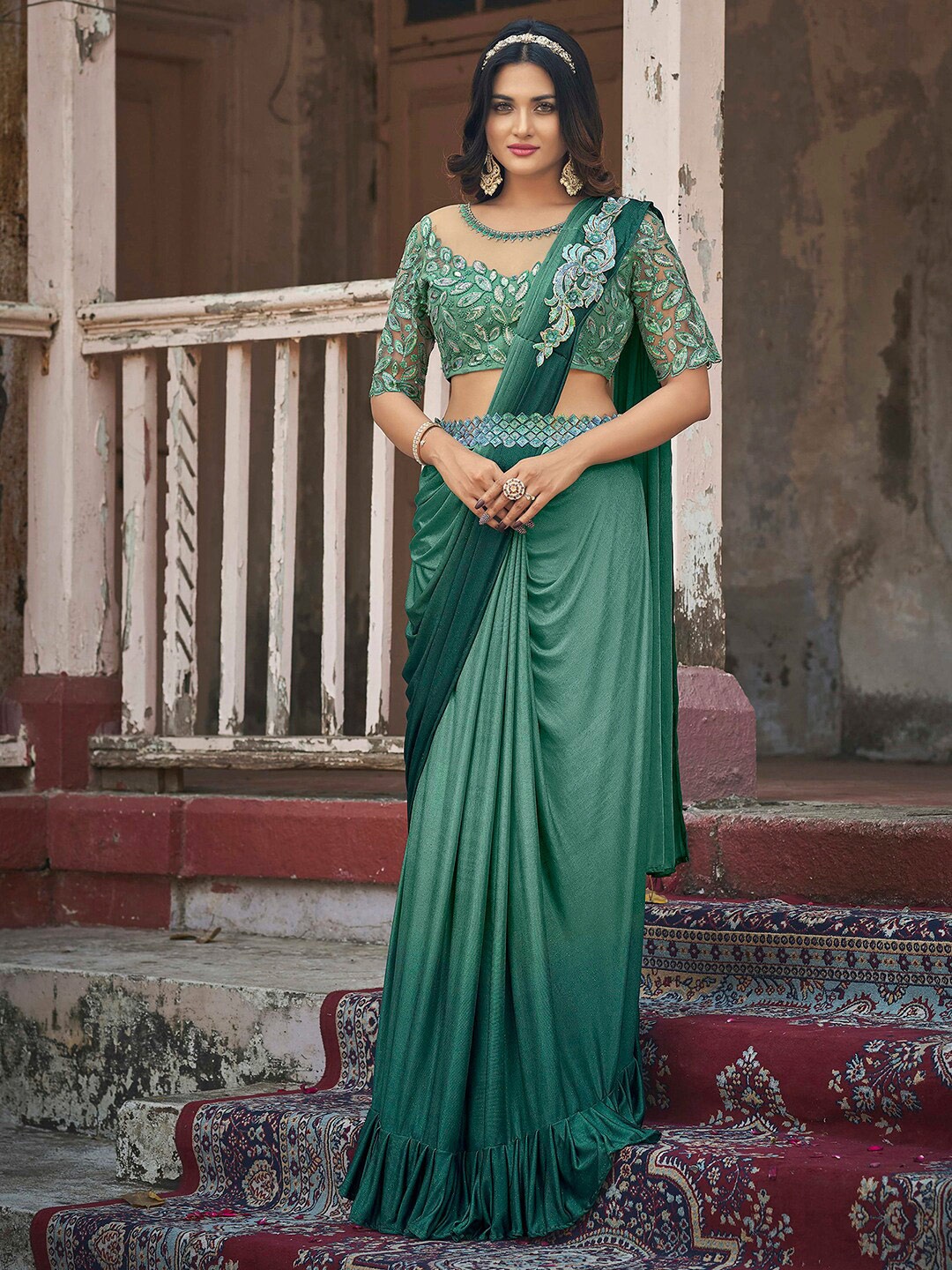 

Satrani Green & Silver-Toned Ombre Dyed Sequinned Ruffle Ready To Wear Saree