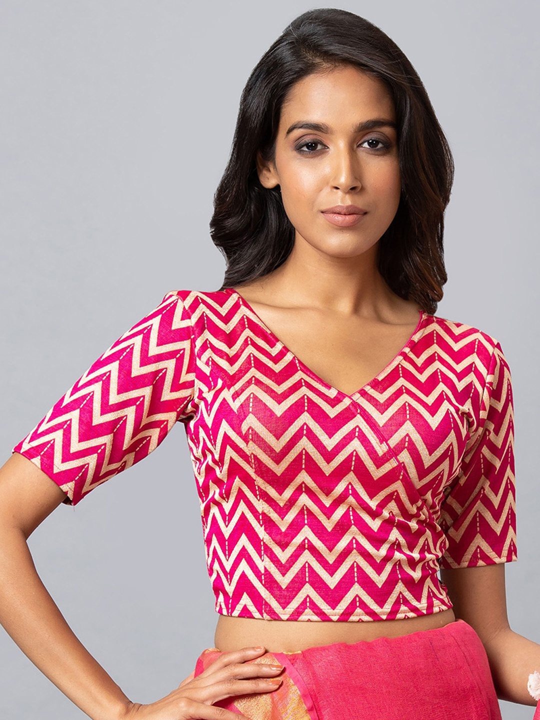 

SALWAR STUDIO Chevron Printed Readymade Saree Blouse, Fuchsia