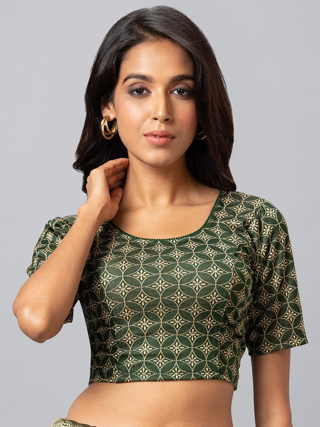 

SALWAR STUDIO Cotton Lycra Readymade Saree Blouse, Green