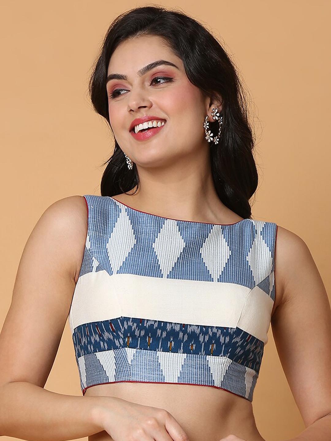 

SALWAR STUDIO Woven Design Cotton Readymade Saree Blouse, Blue