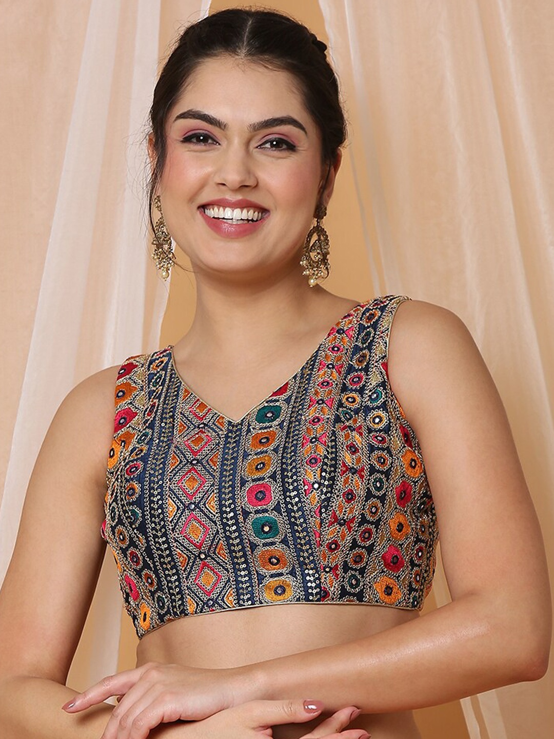

SALWAR STUDIO Embroidered Silk Saree Blouse, Navy blue
