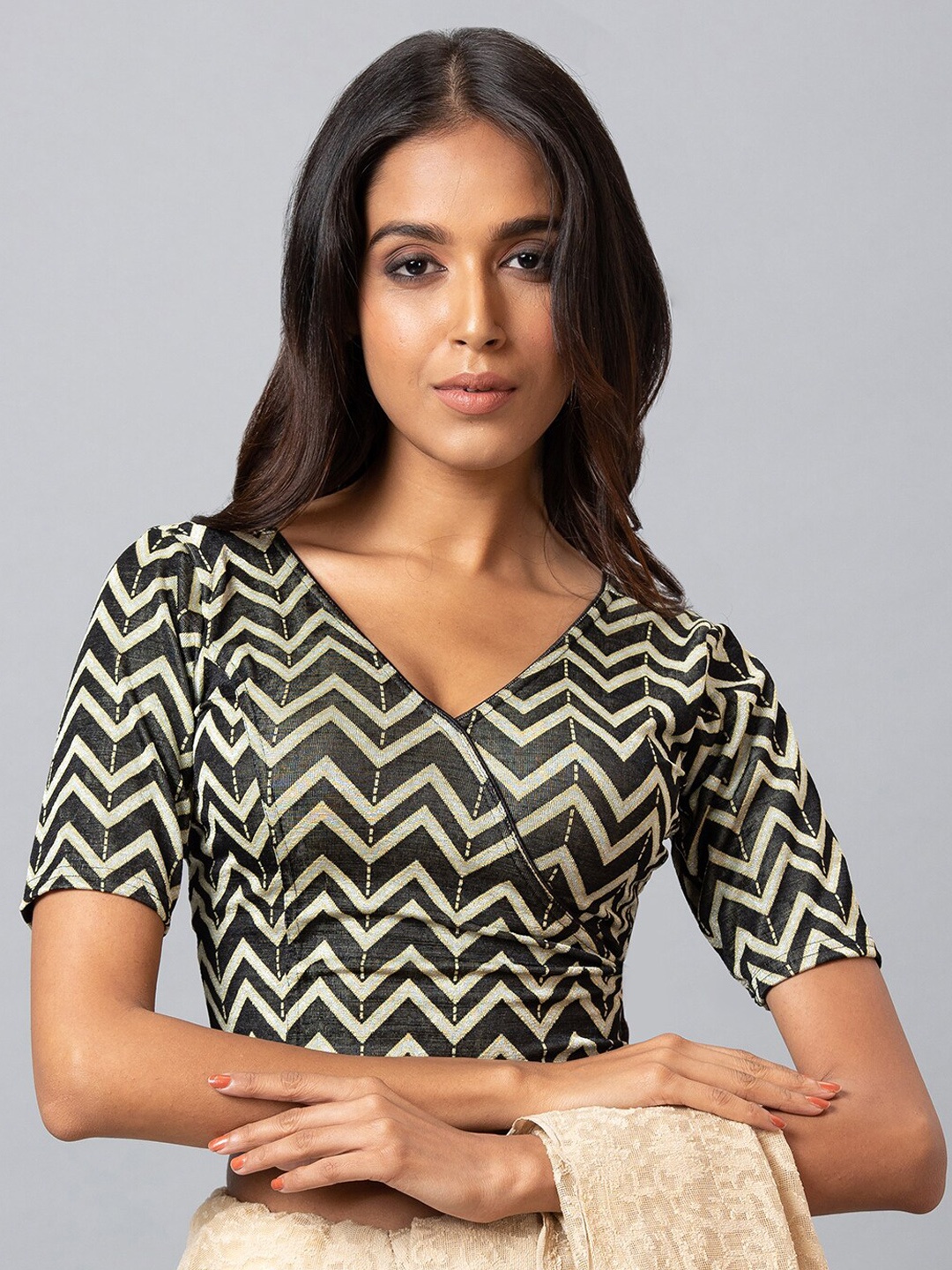 

SALWAR STUDIO Printed Readymade Cotton Lycra Saree Blouse, Black