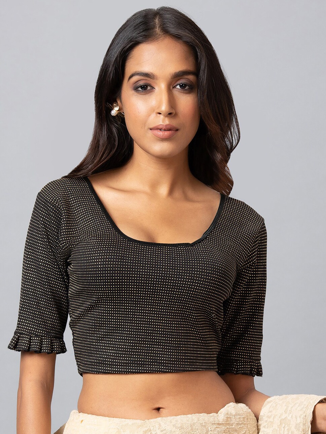 

SALWAR STUDIO Printed Cotton Lycra Saree Blouse, Black