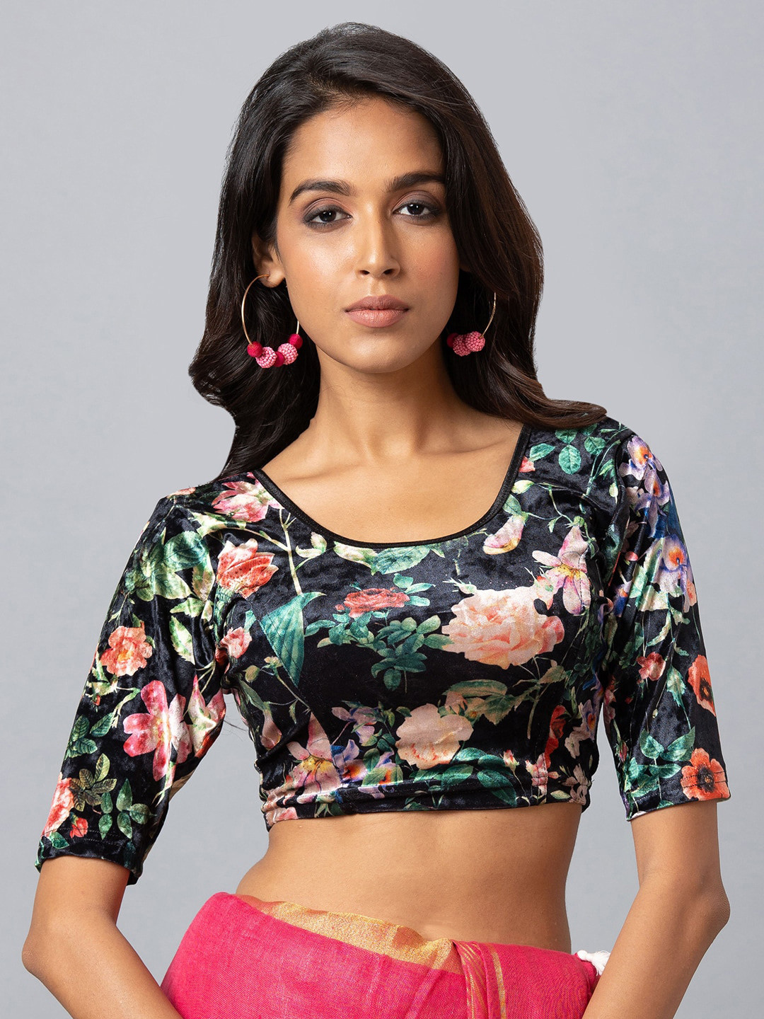 

SALWAR STUDIO Floral Printed Readymade Saree Blouse, Black