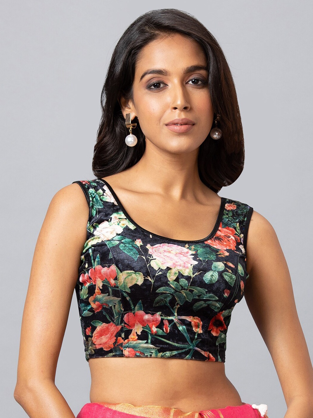 

SALWAR STUDIO Printed Velvet Saree Blouse, Black