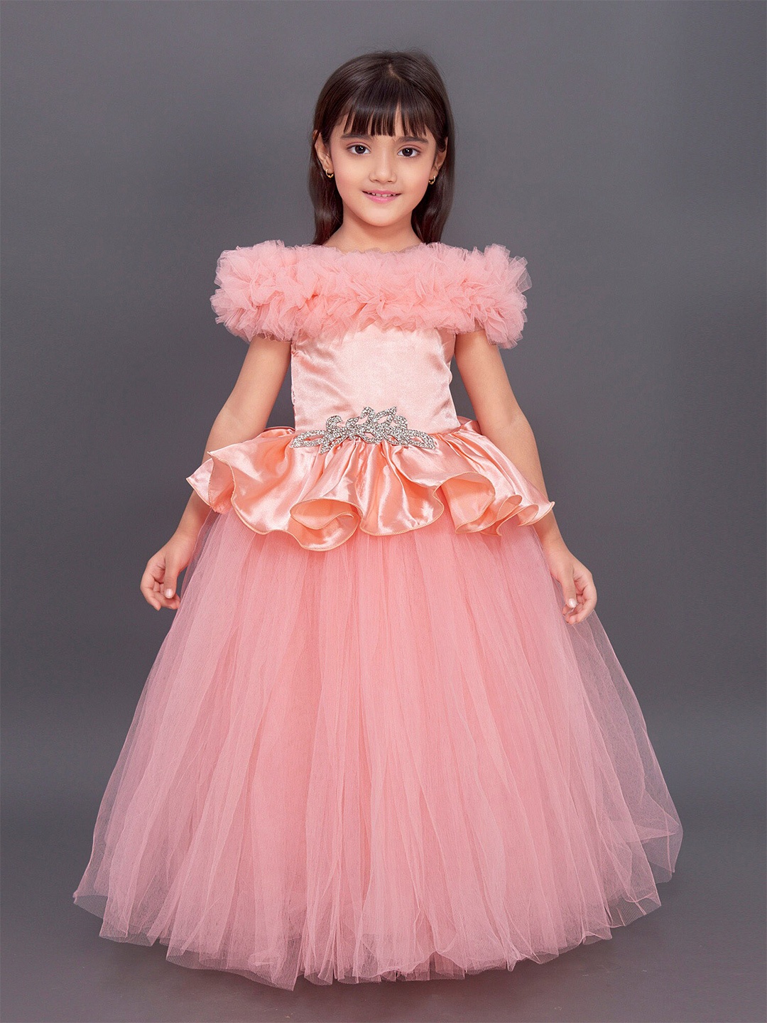 

Pink Chick Girls Self Design Ruffles Satin Fit & Flare Maxi Dress, Peach