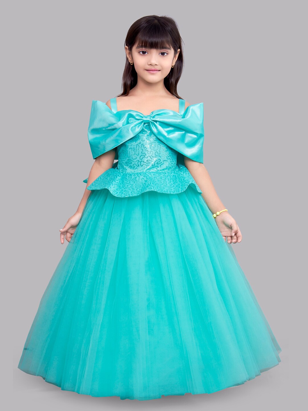 

Pink Chick Girls Embellished Shoulder Straps Bow Detailed Fit & Flare Maxi Dress, Turquoise blue