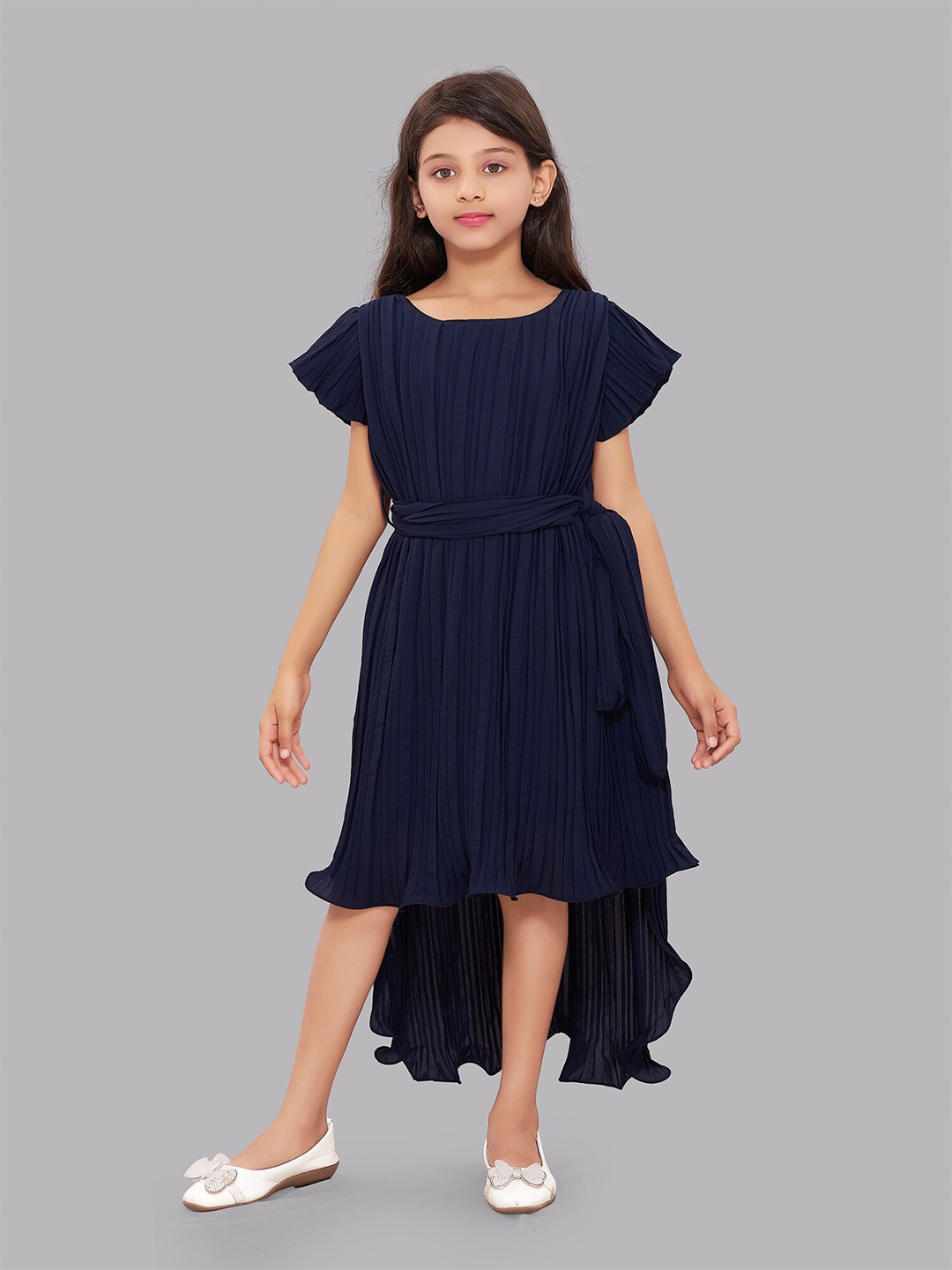 

Pink Chick Girls Accordian Pleats High Low Georgette Fit & Flare Dress, Navy blue