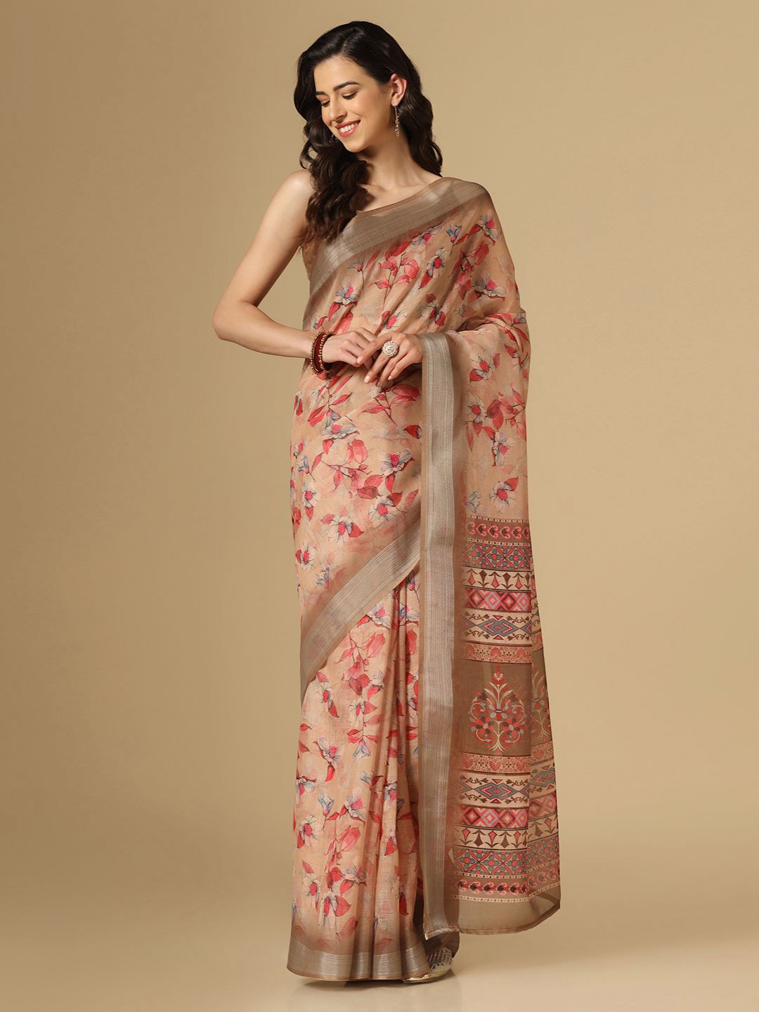 

Satrani Brown & Red Floral Printed Zari Saree