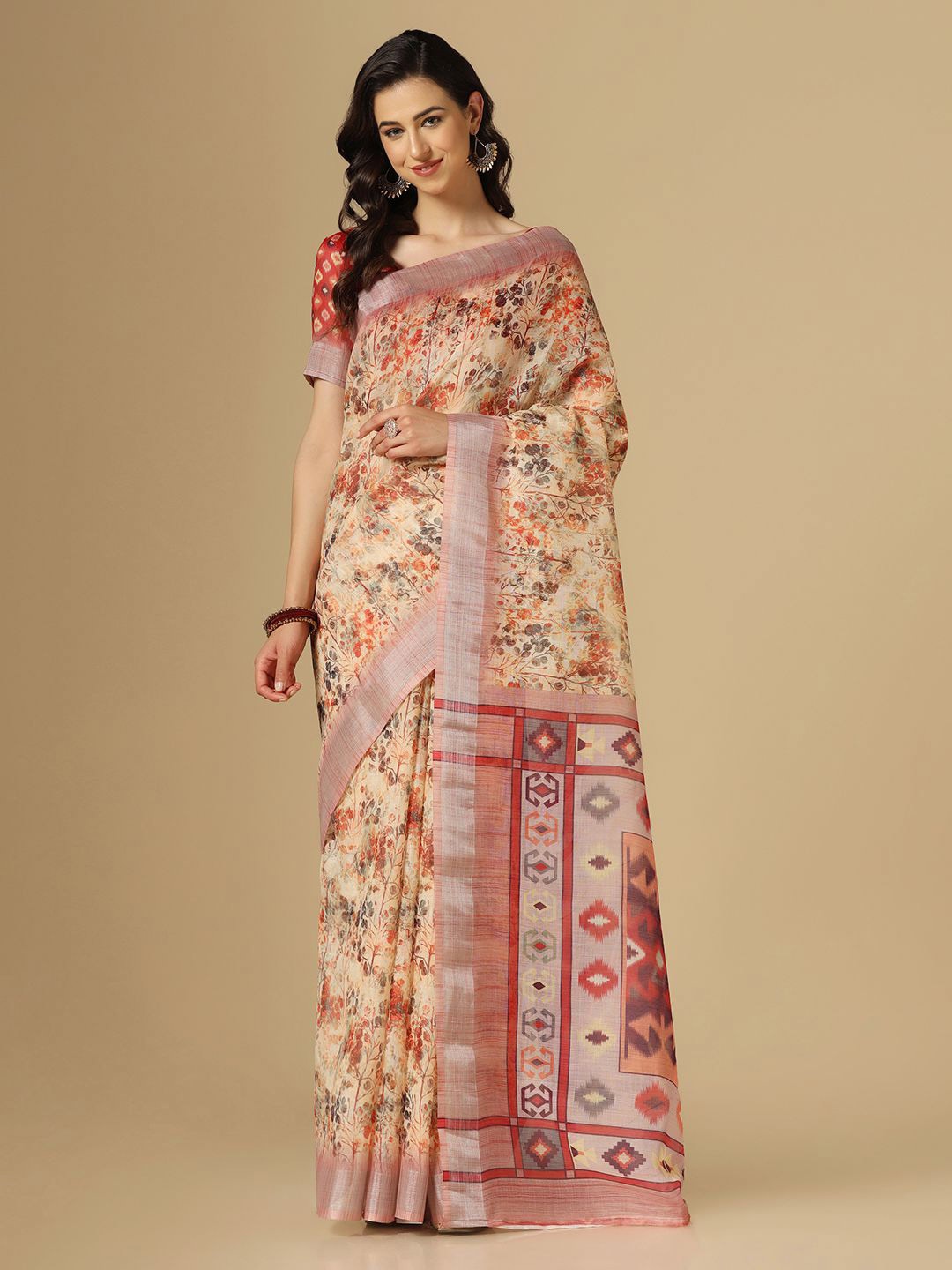 

Satrani Beige & Orange Floral Printed Zari Saree