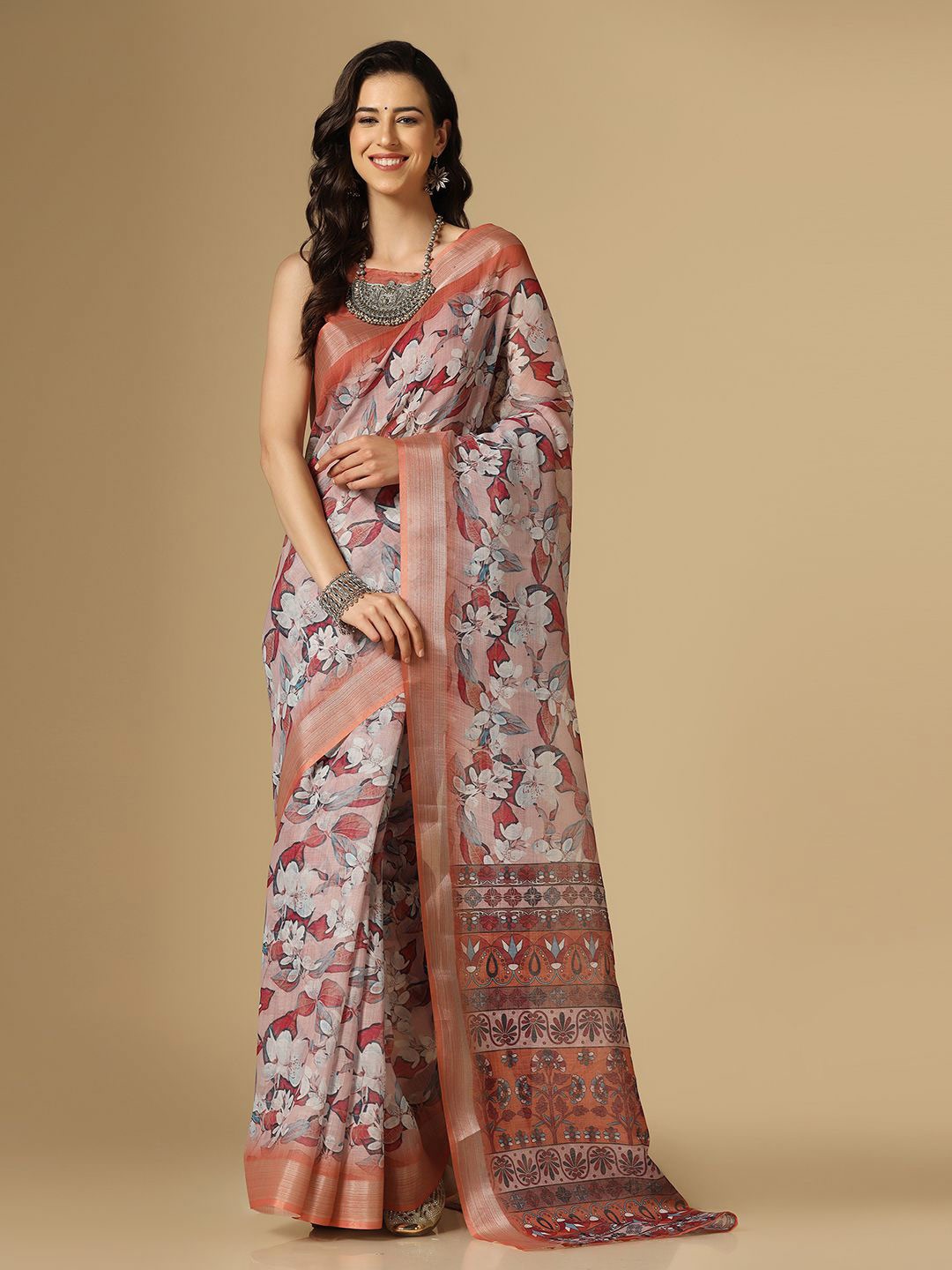 

Satrani Peach-Coloured & Off White Floral Printed Zari Saree