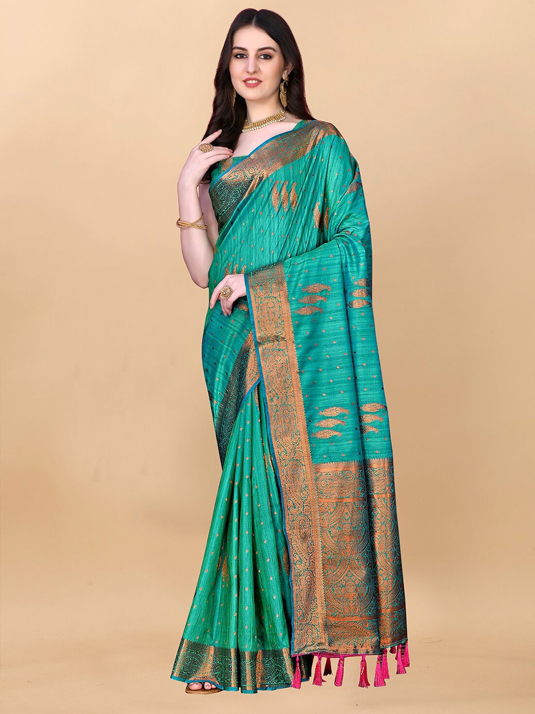 

MARGI DESIGNERS Ethnic Motif Woven Design Zari Jamdani Saree, Turquoise blue