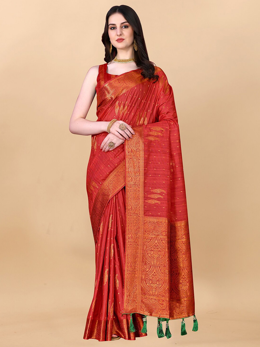 

MARGI DESIGNERS Paisley Woven Design Zari Jamdani Saree, Red