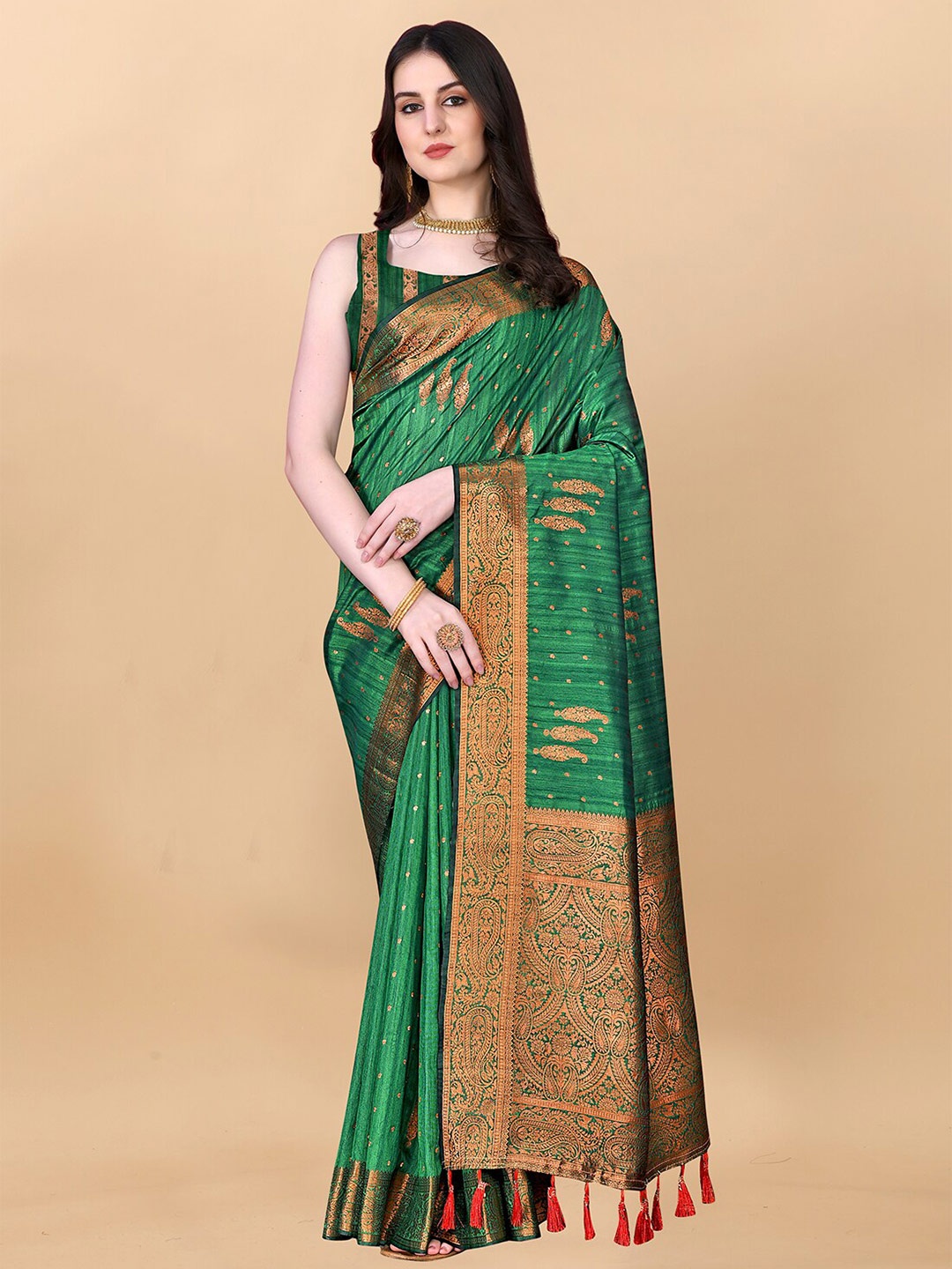 

MARGI DESIGNERS Ethnic Motif Woven Design Zari Jamdani Saree, Green