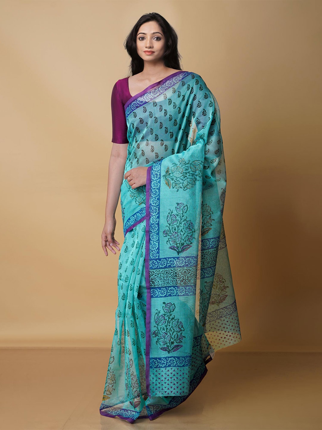 

Unnati Silks Paisley Printed Silk Cotton Banarasi Saree, Blue
