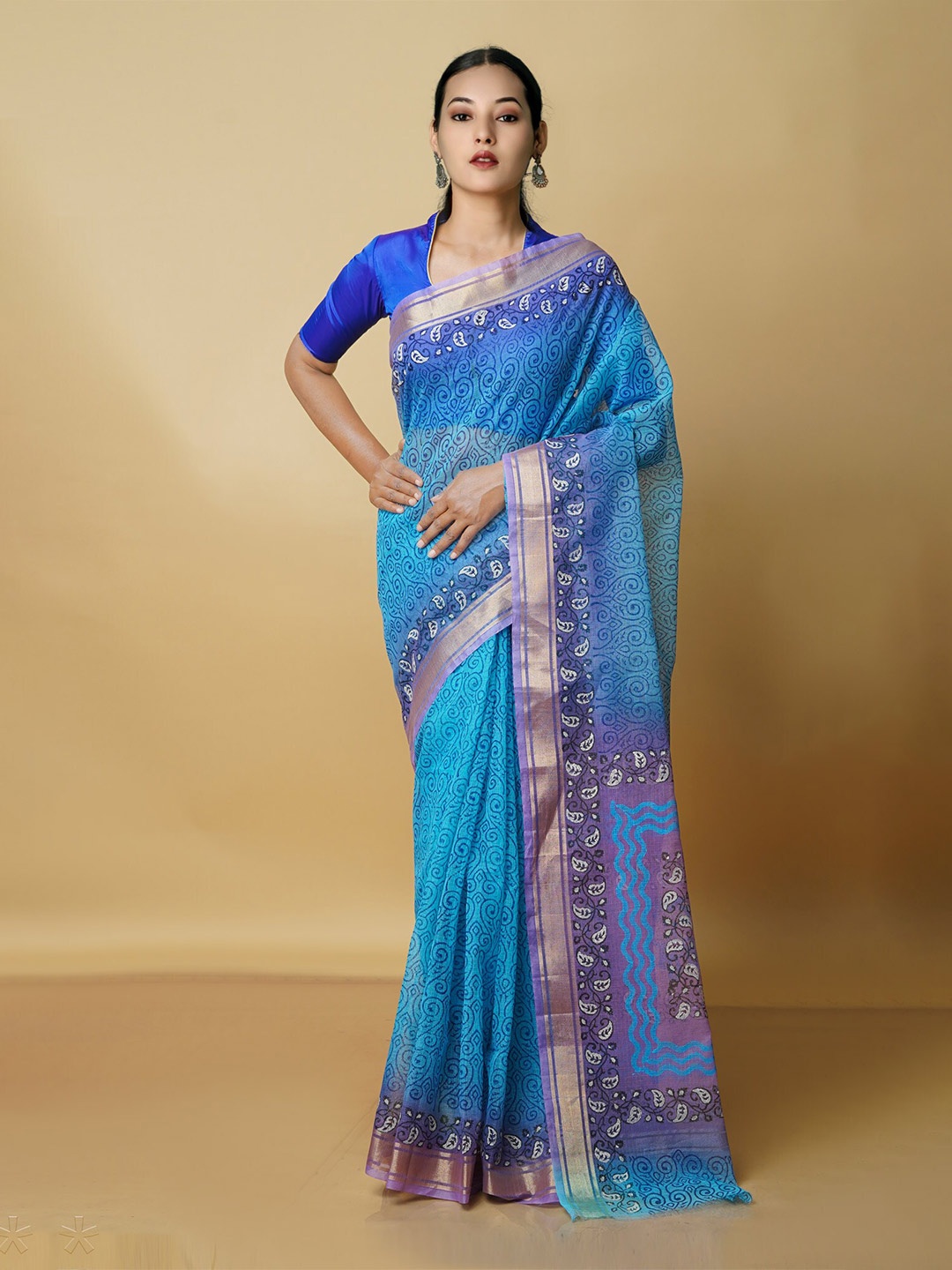 

Unnati Silks Ethnic Motifs Block Printed Zari Pure Cotton Kota Saree, Blue