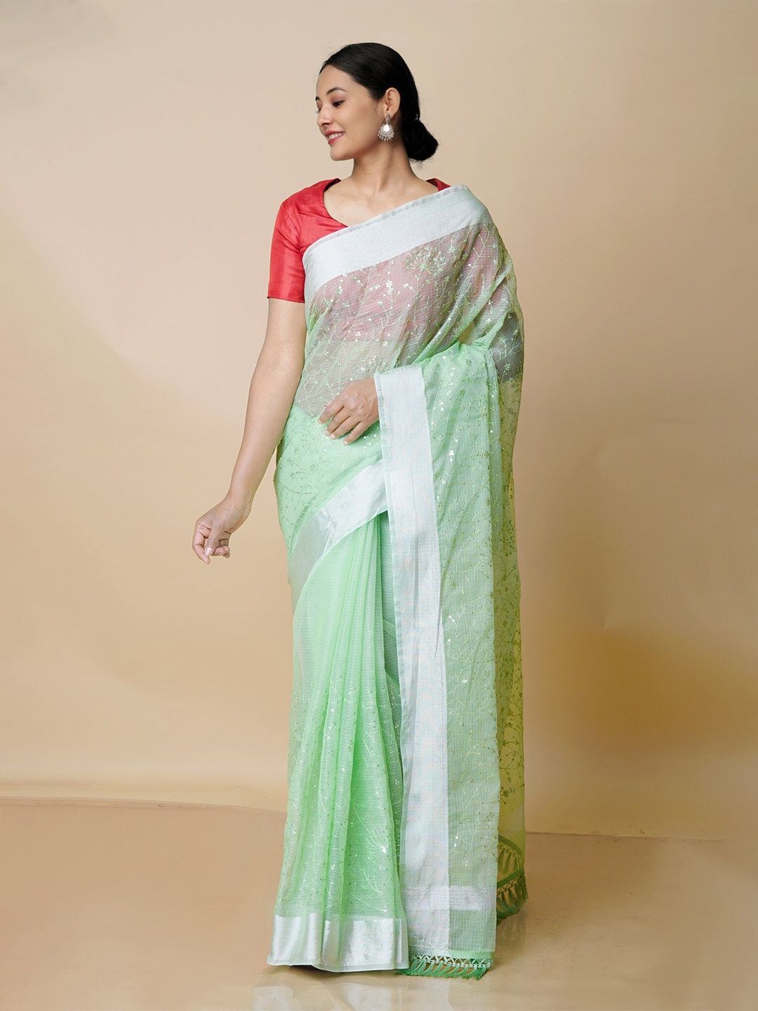

Unnati Silks Floral Embroidered Pure Cotton Handloom Kota Saree, Green