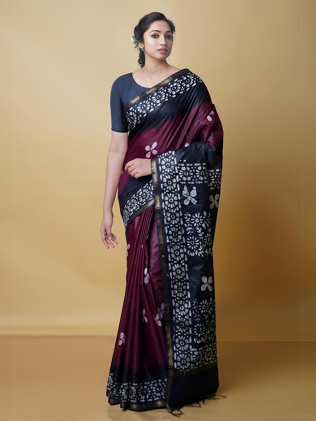 

Unnati Silks Batik Printed Zari Pure Silk Handloom Chanderi Saree, Burgundy