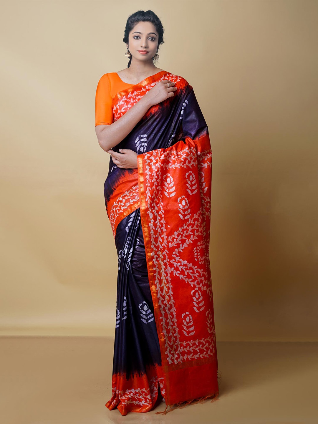 

Unnati Silks Batik Zari Pure Silk Chanderi Saree, Orange
