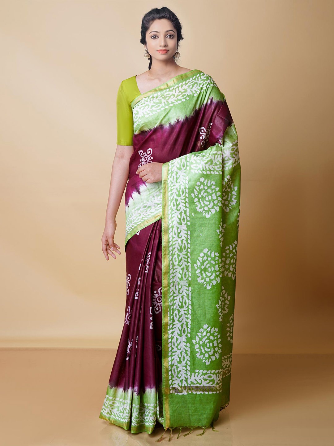 

Unnati Silks Batik Pure Silk Chanderi Zari Saree With Blouse Piece, Burgundy