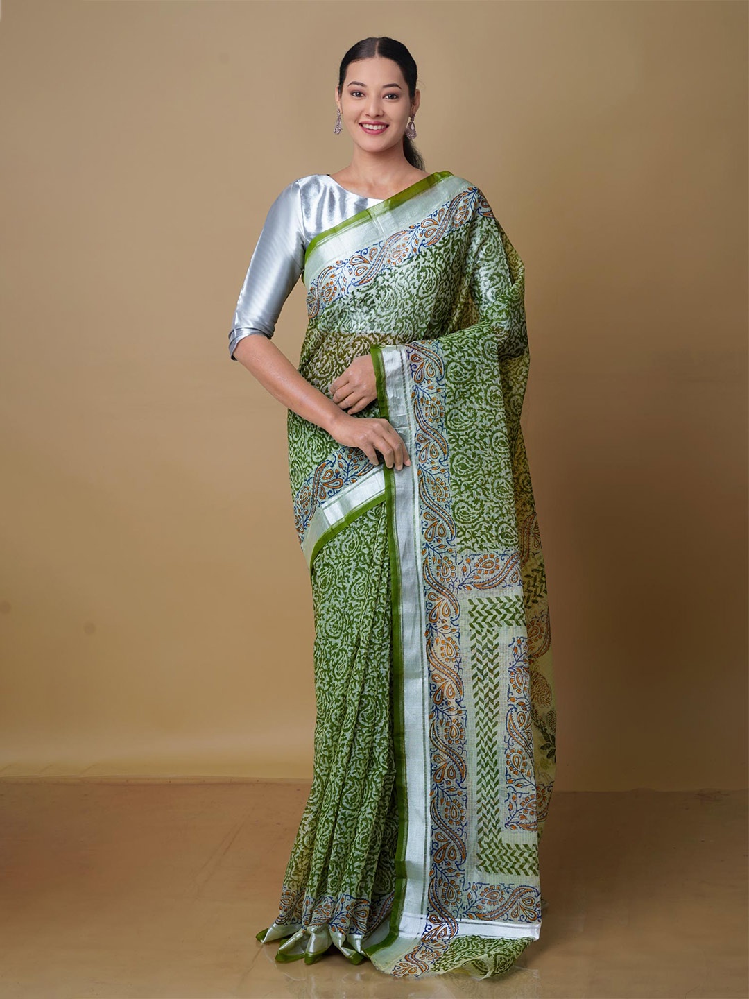 

Unnati Silks Paisley Printed Zari Pure Cotton Handloom Kota Saree, Green