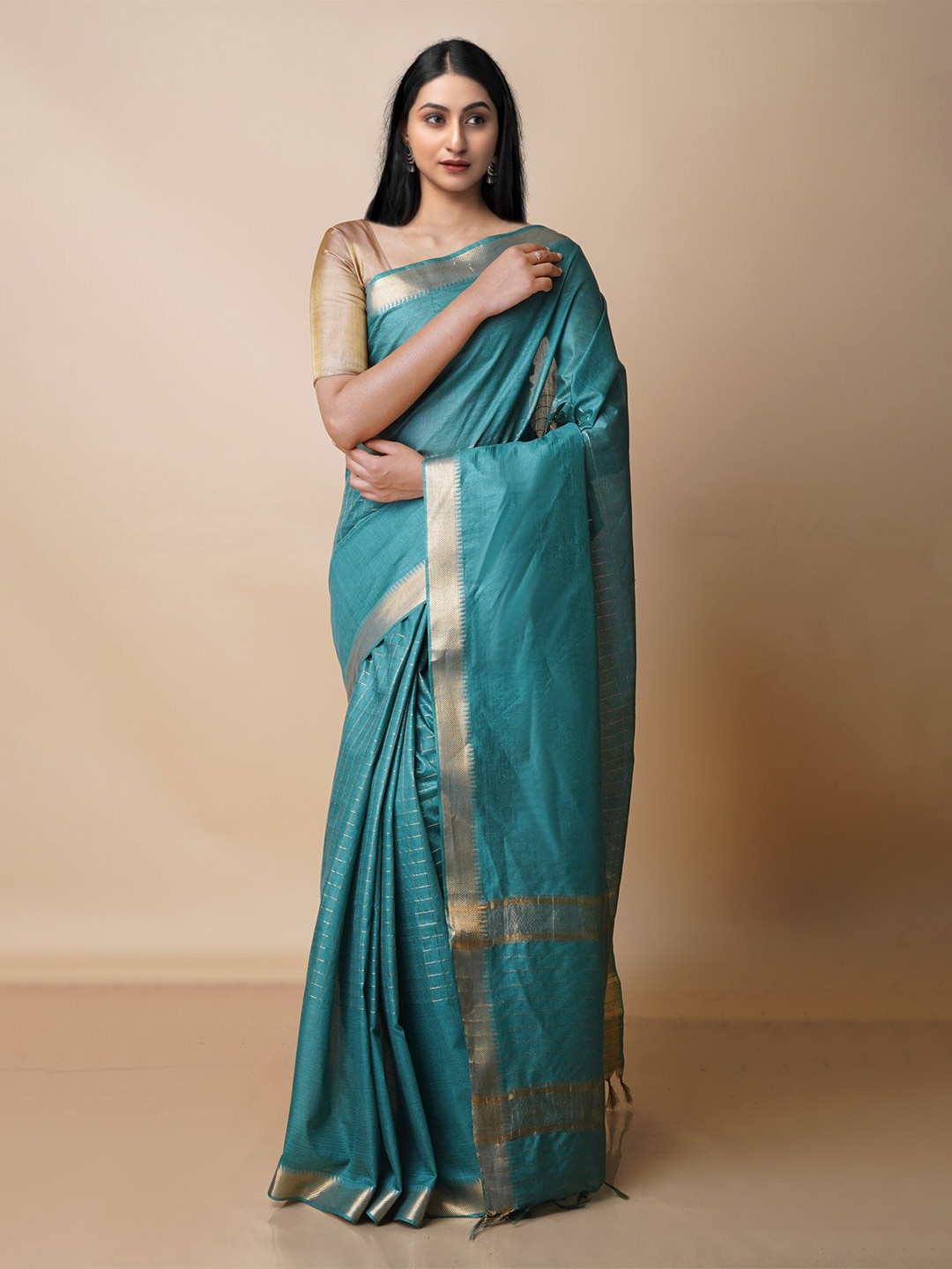 

Unnati Silks Checked Silk Cotton Mangalagiri Zari Saree With Blouse Piece, Green