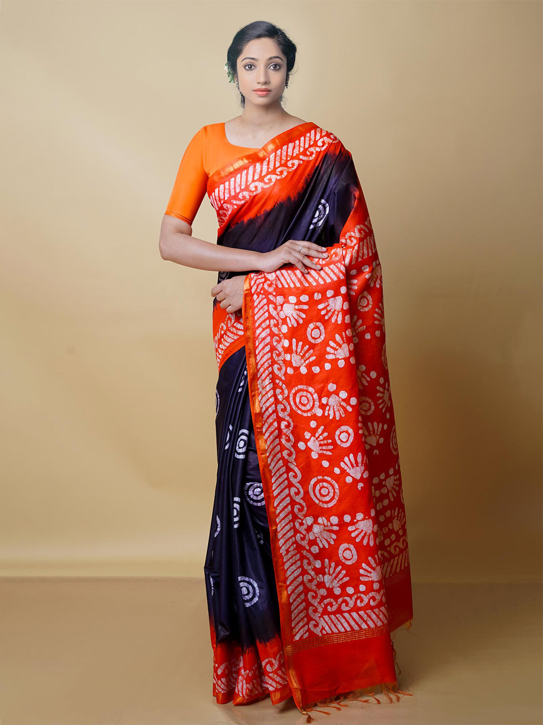 

Unnati Silks Batik Printed Zari Pure Silk Chanderi Saree, Orange