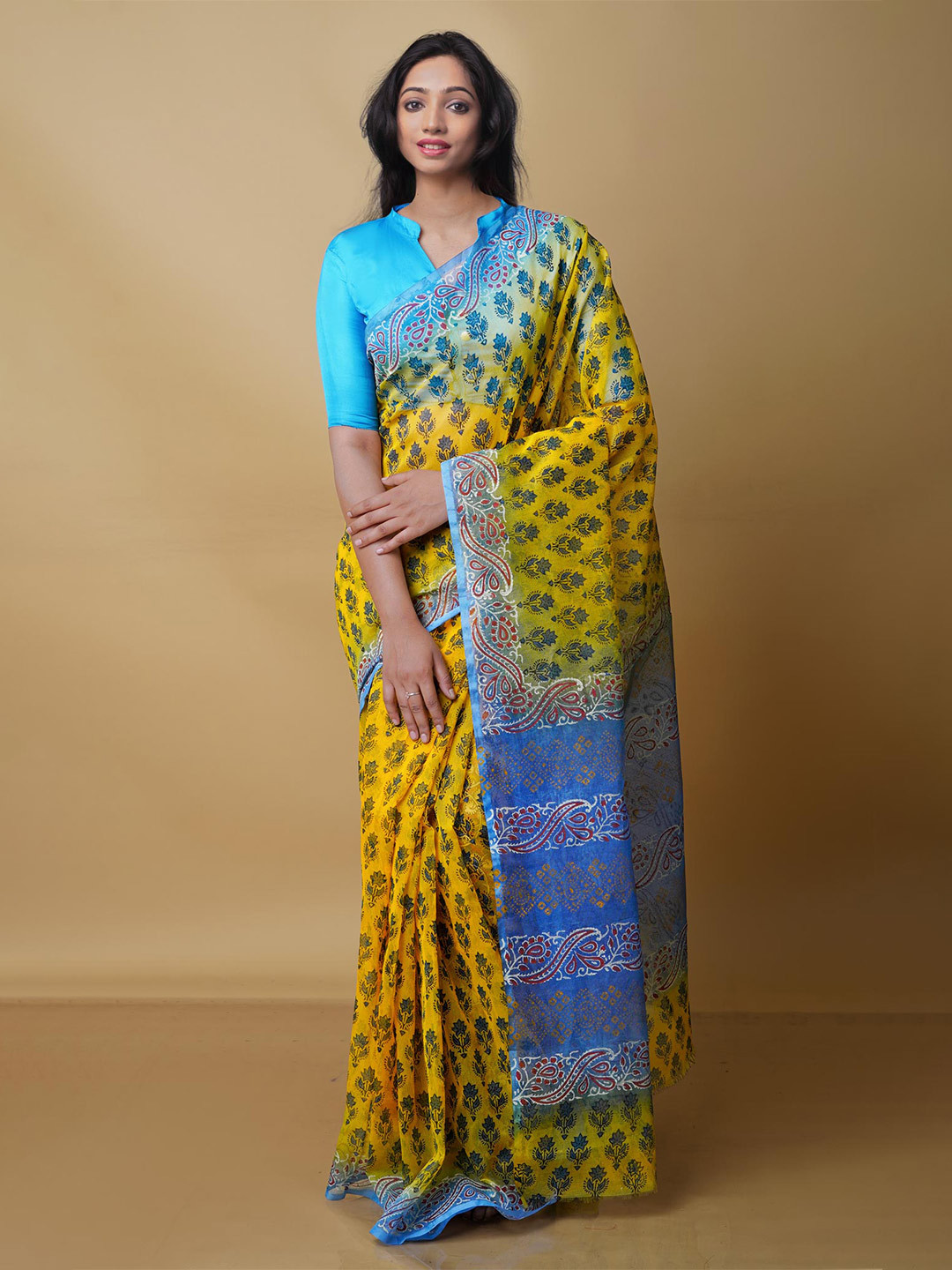 

Unnati Silks Floral Printed Silk Cotton Banarasi Saree, Yellow