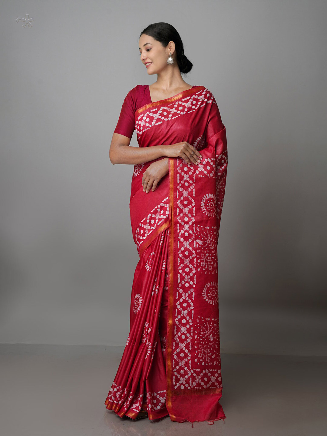 

Unnati Silks Batik Printed Zari Pure Silk Handloom Chanderi Saree, Pink