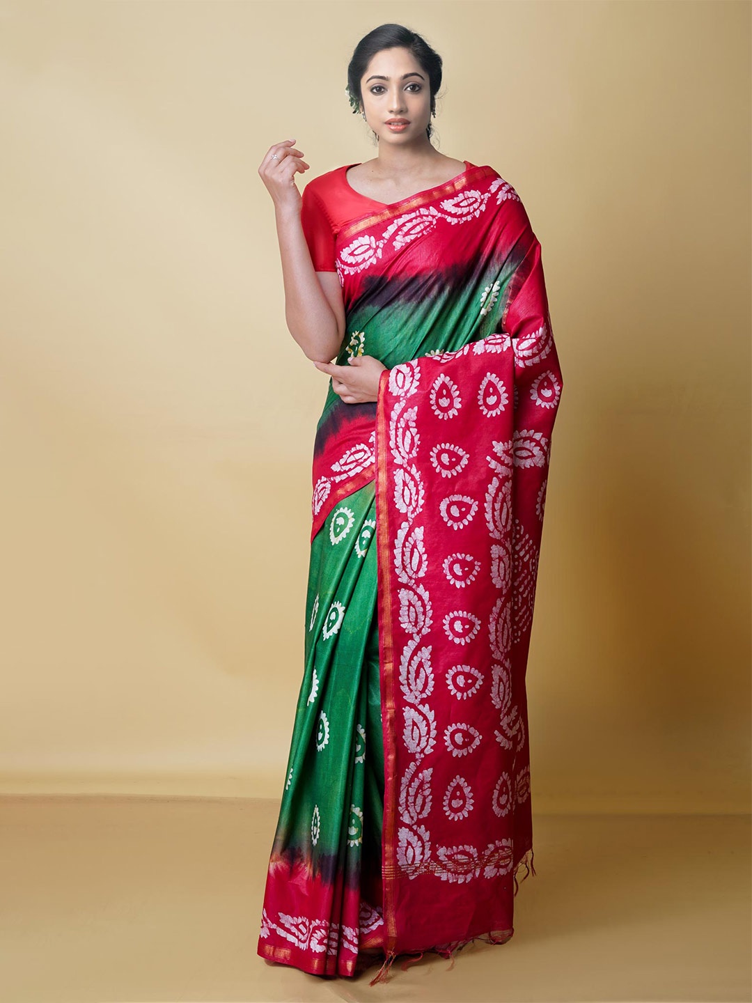 

Unnati Silks Batik Printed Zari Pure Silk Chanderi Saree, Green