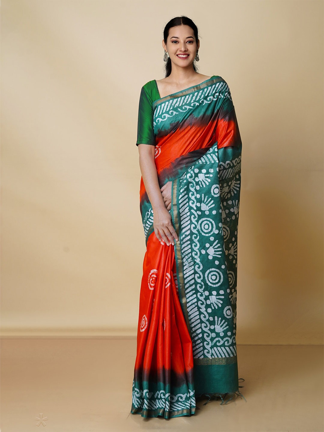 

Unnati Silks Batik Printed Zari Pure Silk Handloom Chanderi Saree, Green