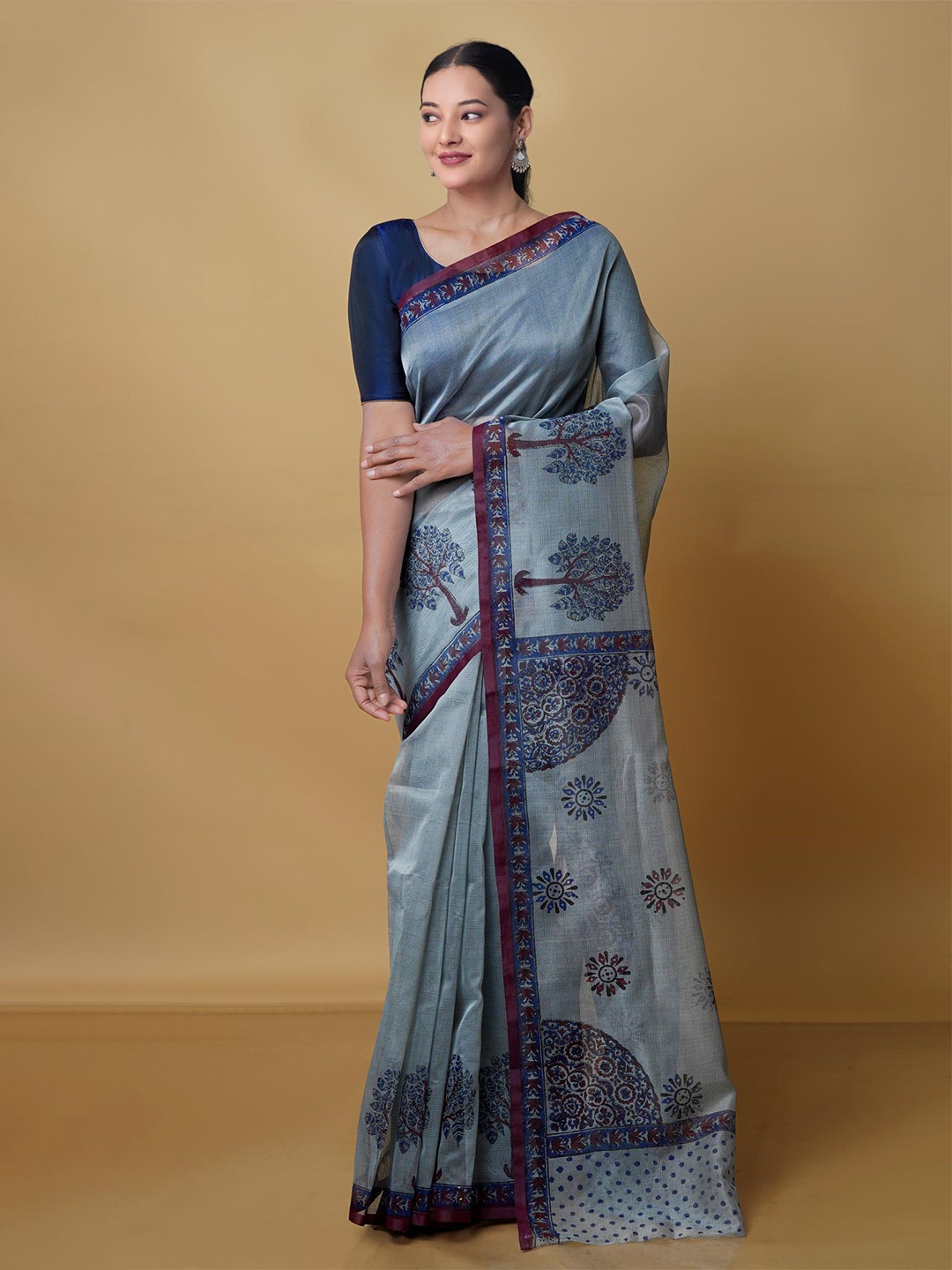 

Unnati Silks Ethnic Motifs Silk Cotton Banarasi Saree, Grey