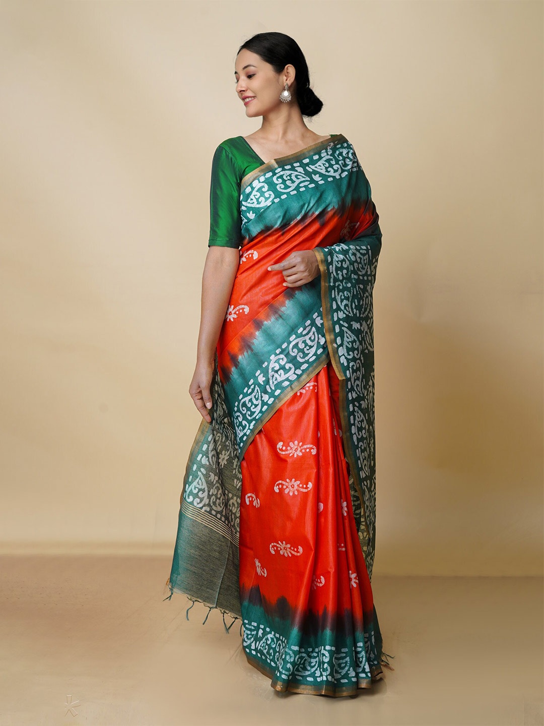 

Unnati Silks Batik Pure Silk Chanderi Zari Saree With Blouse Piece, Green