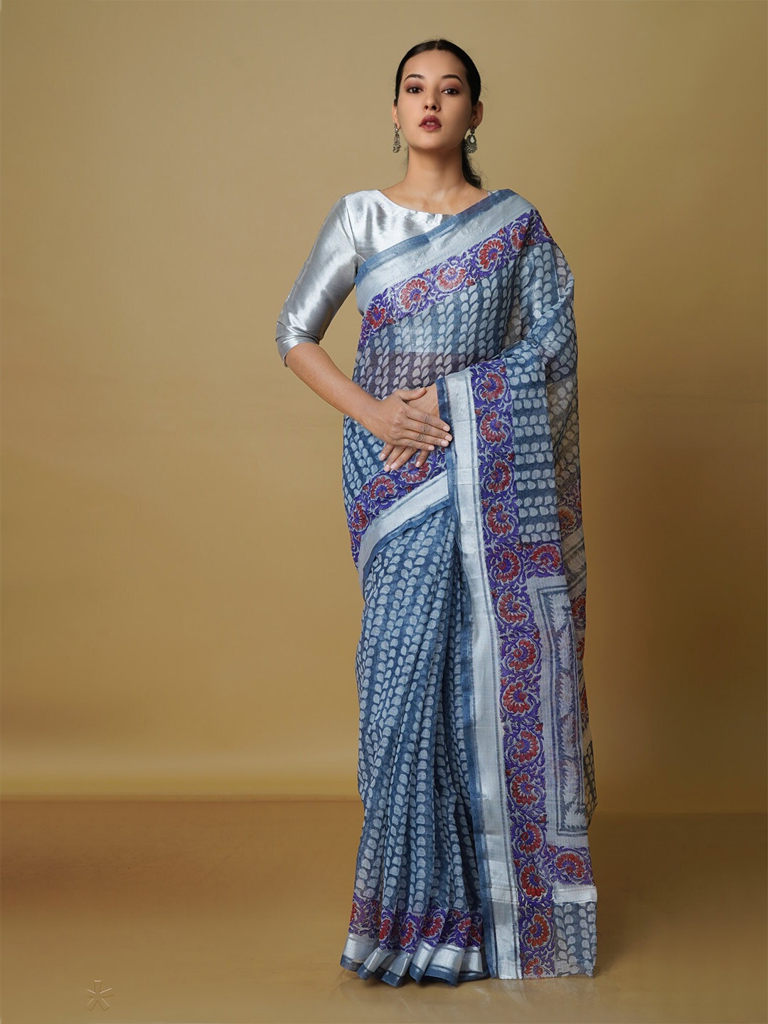 

Unnati Silks Ethnic Motifs Printed Kota Pure Cotton Saree, Blue