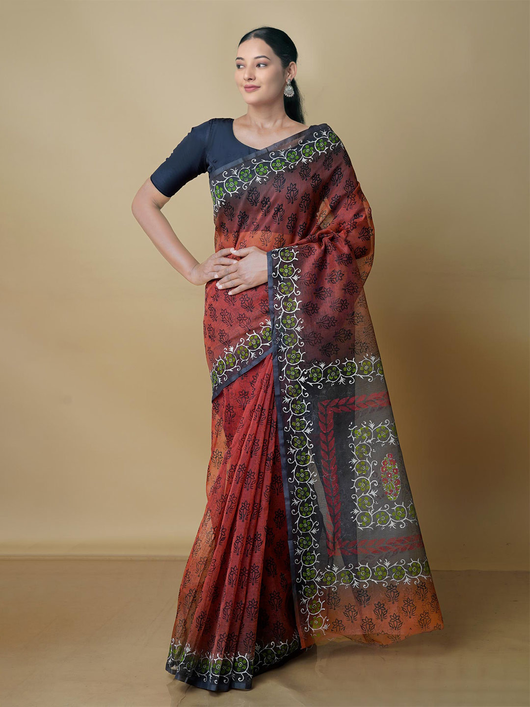 

Unnati Silks Floral Block Printed Silk Cotton Banarasi Saree, Brown