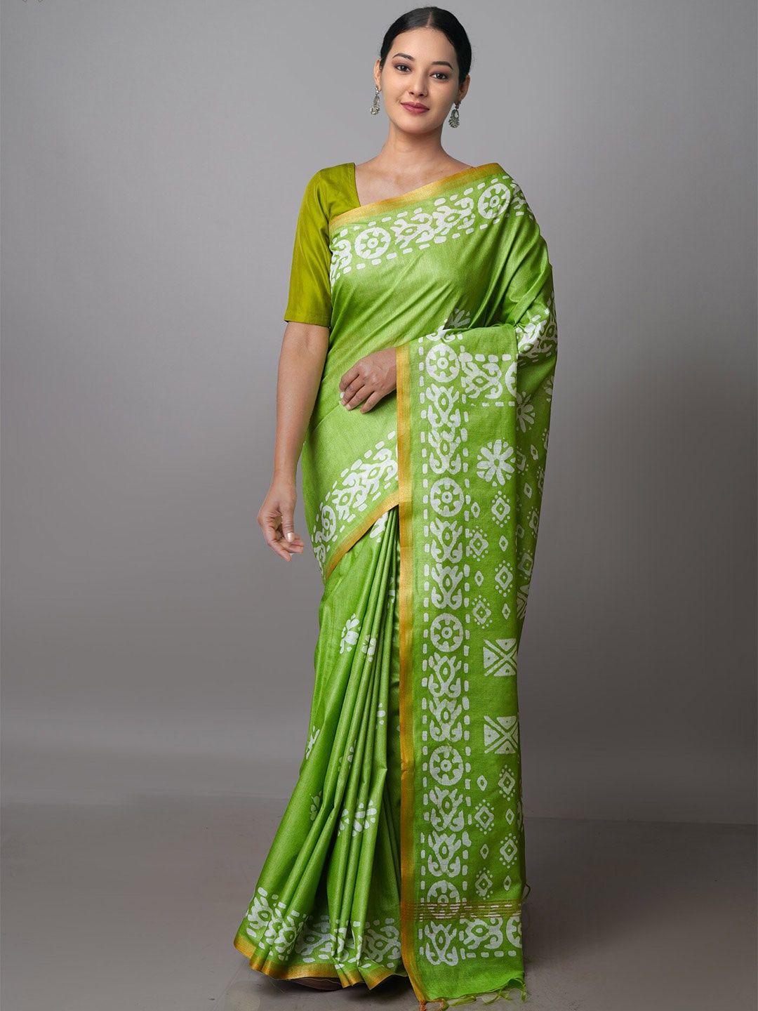 

Unnati Silks Batik Zari Pure Silk Chanderi Saree, Green