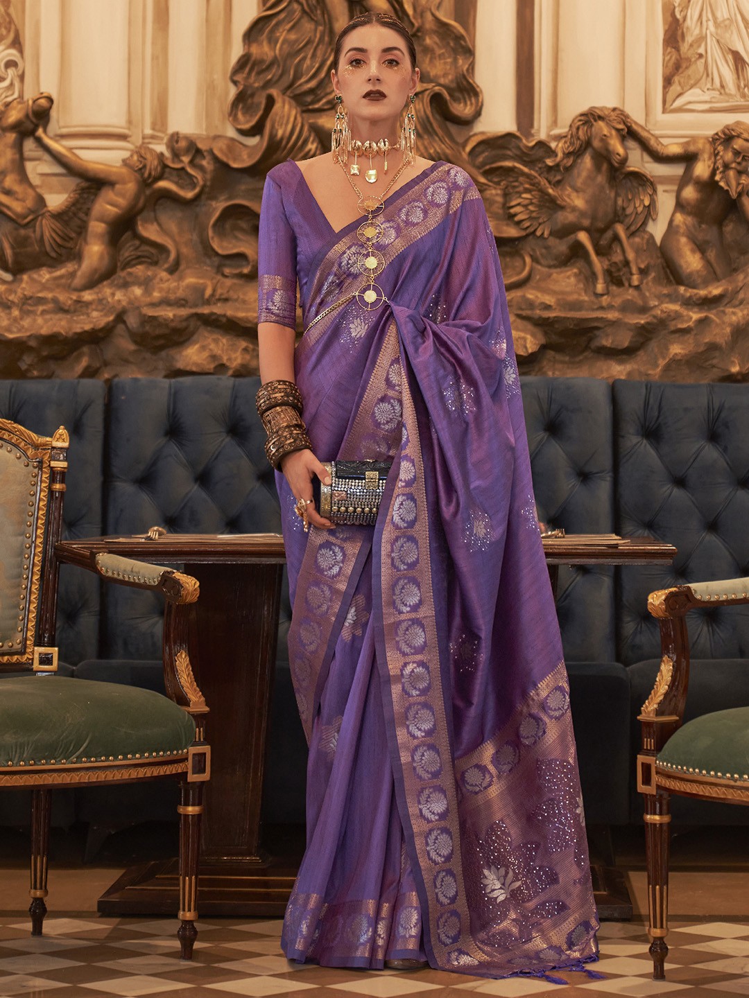 

elora Ethnic Motif Woven Design Zari Pure Silk Banarasi Saree, Purple